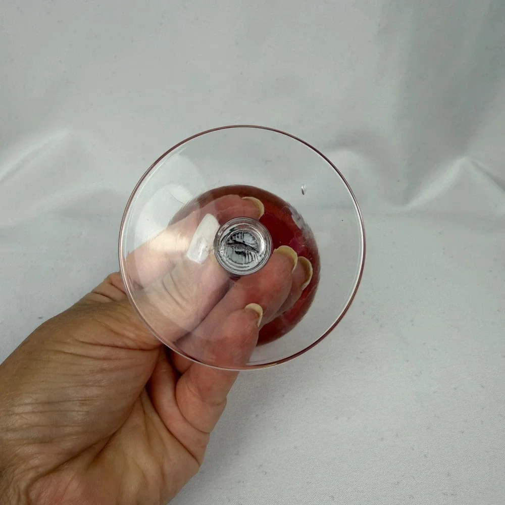 Vintage Cranberry Glass Cordial Set 6 Red Etched Grape Vine Clear Stem Barware
